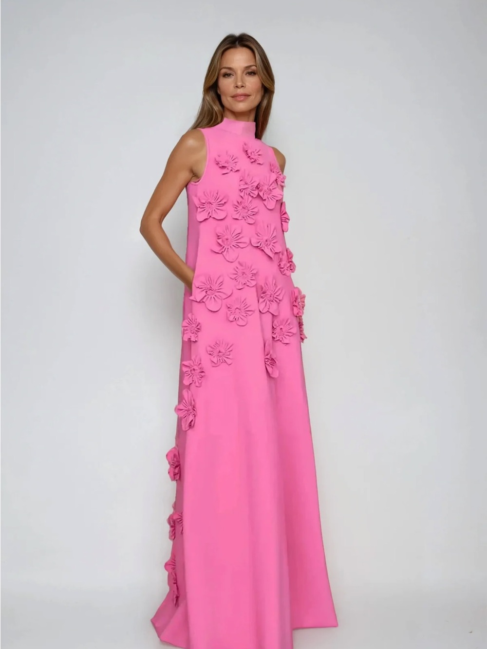 High-Neck Pink Maxi Dress with 3D Floral Appliqués